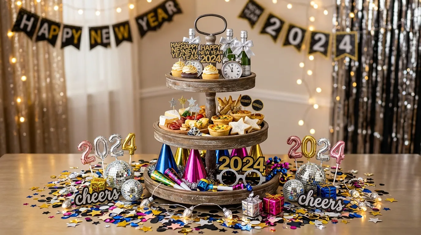 Minimal modern New Year's Eve tiered tray decor